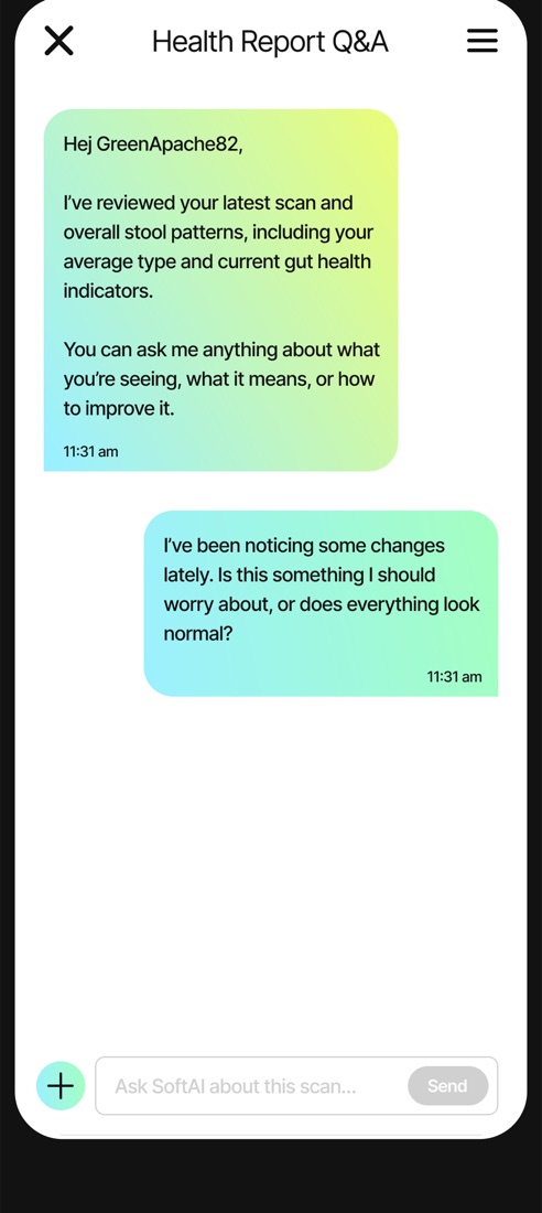 PoopCheck's SOFTai assistant opening a conversation about the user's latest scan